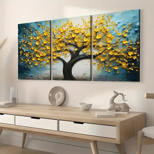 3pcs Ready to Hanging, Art Style Modern Abstract Trees Golden Flower Wall Art Set Canvas Framed 60x90cm - High Quality Print 100% Australian Made Wall Canvas Ready to Hang