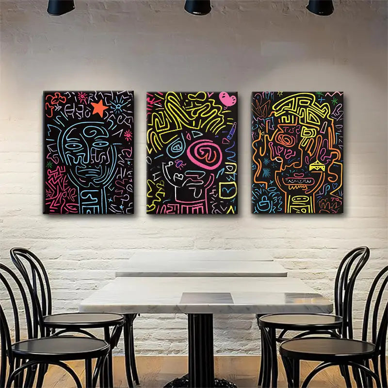 3pcs Neon Abstract Faces Colorful Line Graffiti Metal Print Ready to Hang Art