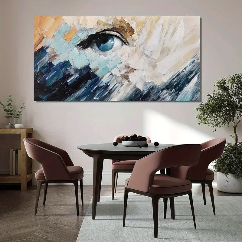 Modern Abstract Blue & White Eye Motif Wall Art canvas office home room framed 120x60cm