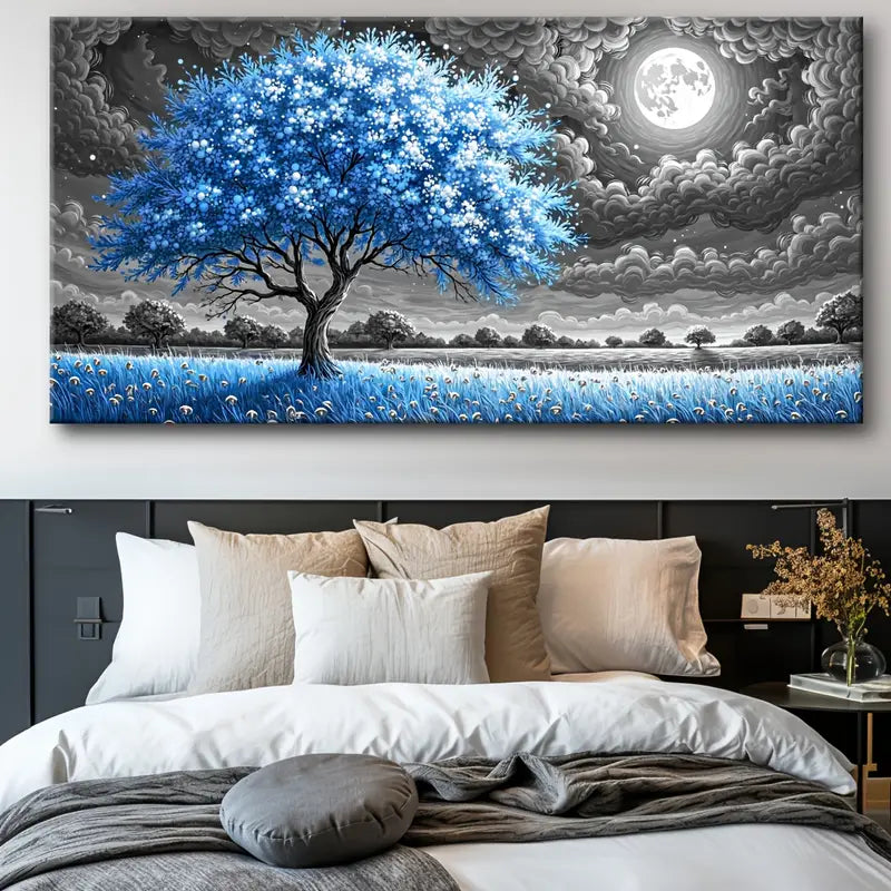 Blue Tree Under Moonlit Sky wall canvas office home room framed 120x60cm