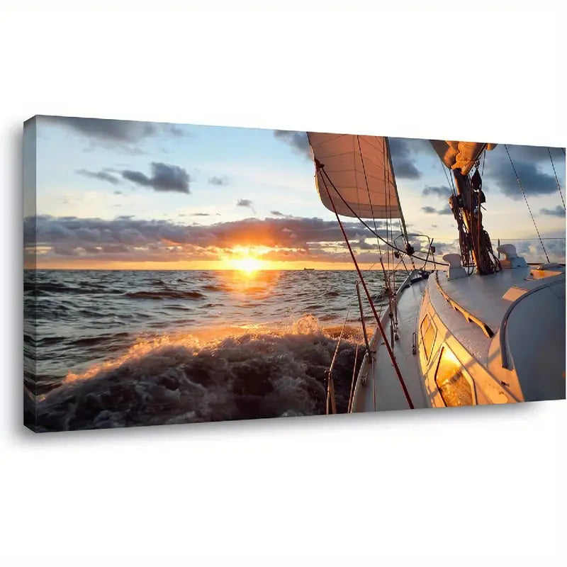 Epic Seascape Sailboat Deck Mast & Sails Sunset Wall Art canvas office home room framed 120x60cm