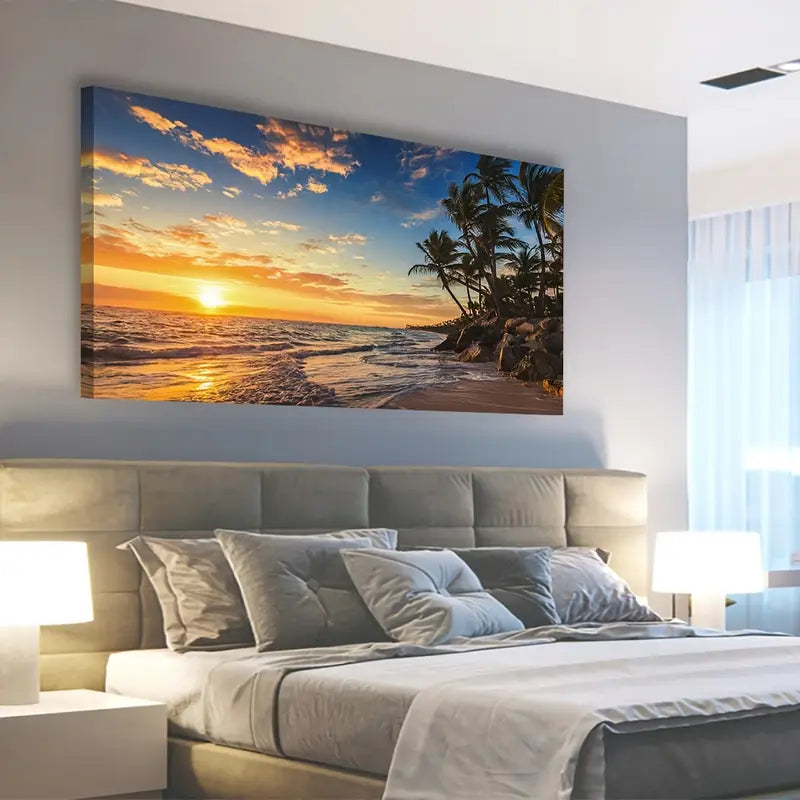 Tropical Sunset Beach Palm Trees Ocean Waves & Sandy Wall Art canvas office home room framed 120x60cm