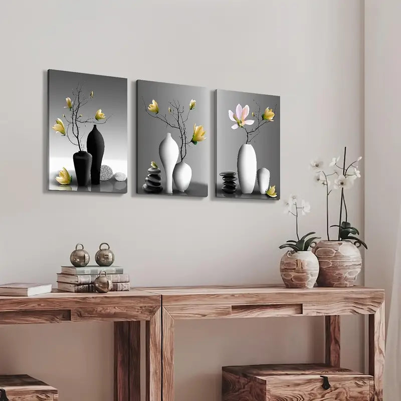 3pcs Elegant Orchid Trio Black & White with Pine Vase Metal Print Ready to Hang Art