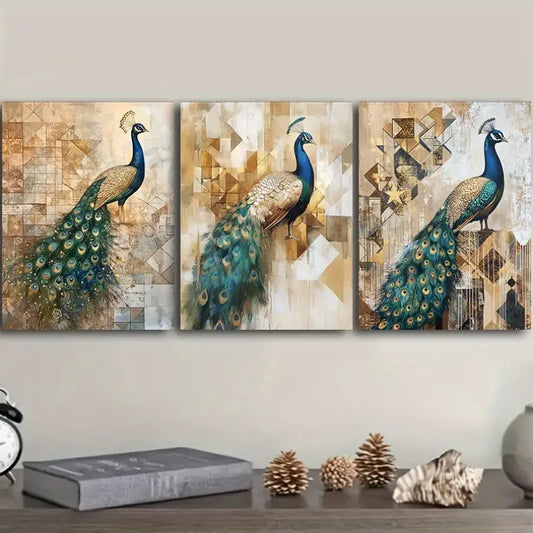 3pcs Featuring a Peacock Displaying Its Feathers Metal Print Ready to Hang Art