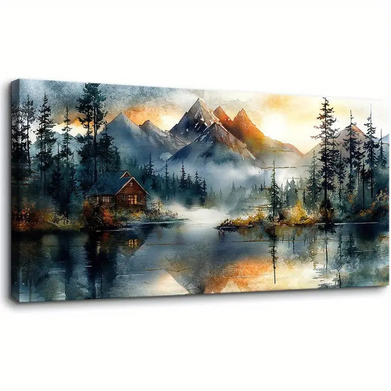 Sunset Lake Rustic Forest Lodge Wall Art canvas office home room framed 120x60cm