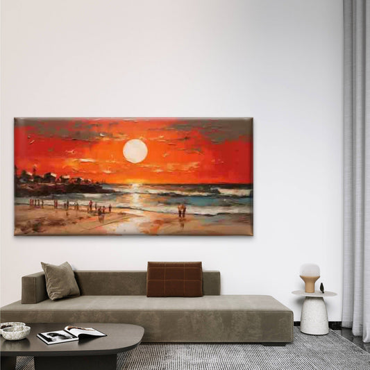 Sunset Beach Scene with Ocean Wall Art Canvas Office Home Room Framed 80x45cm
