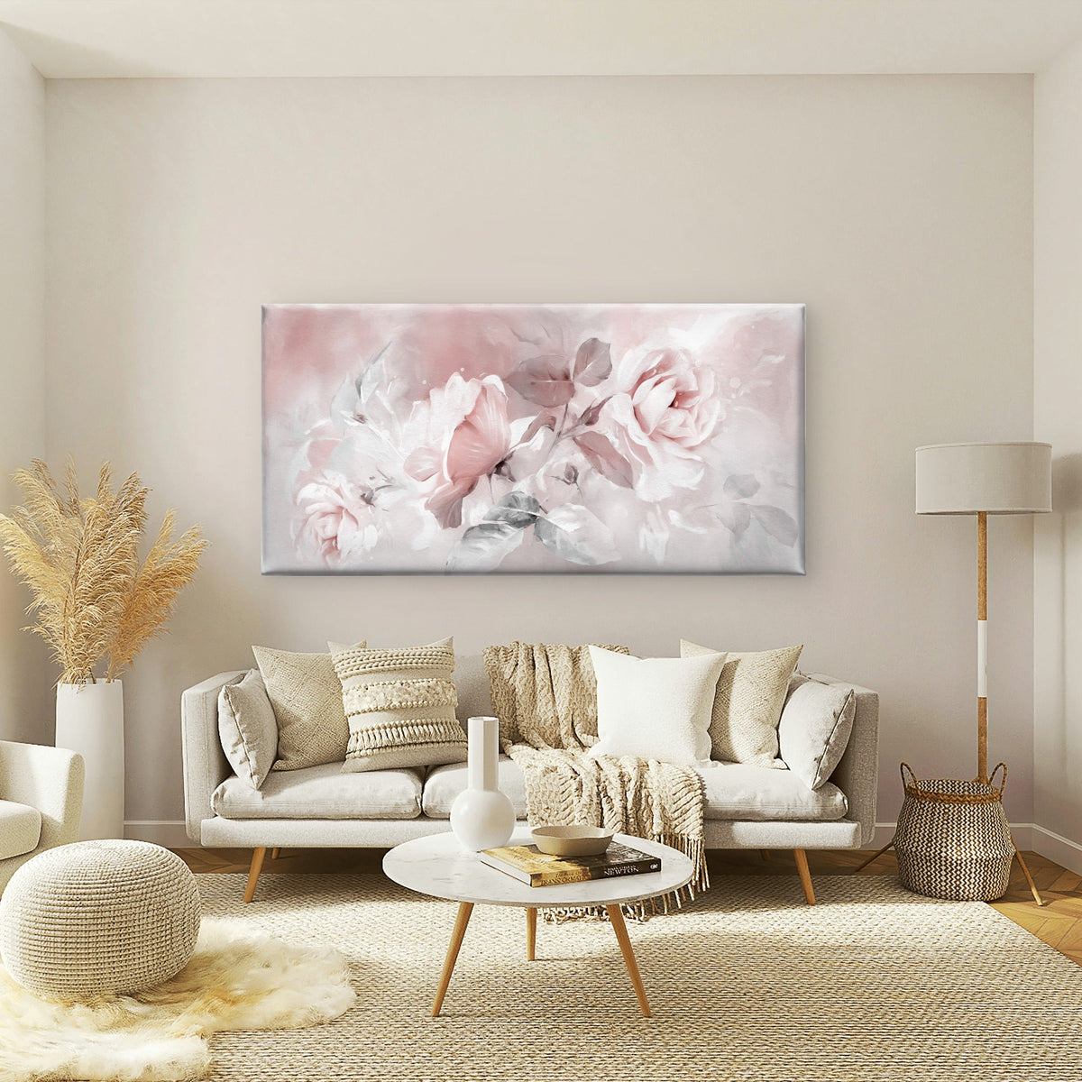 Pink Rose Floral Soft Bunch Wall Art Canvas Office Home Room Framed 120x60cm