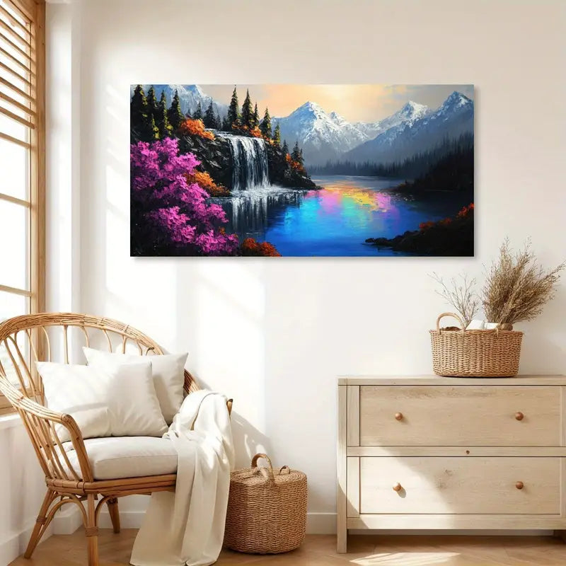 Waterfall Lake Snow-Capped Mountains & Forest Wall Art canvas office home room framed 120x60cm