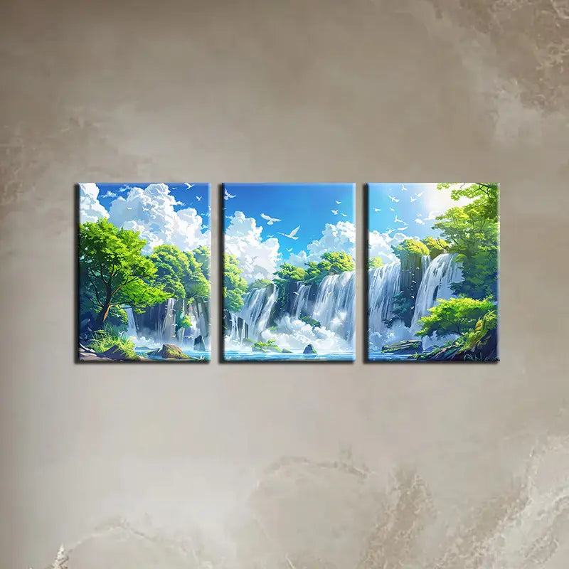 3pcs Elegant Pigeons and Waterfalls Painting Metal Print Ready to Hang Art