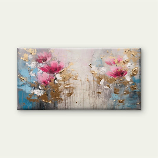 Pink Floral Gold Painting Wall Art Canvas Office Home Room Framed 80x45cm