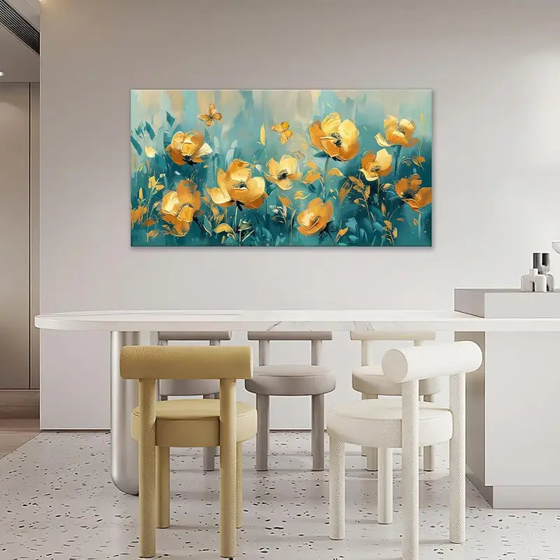Abstract Flowers Teal & Golden Floral Butterfly Wall Art canvas office home room framed 80x45cm