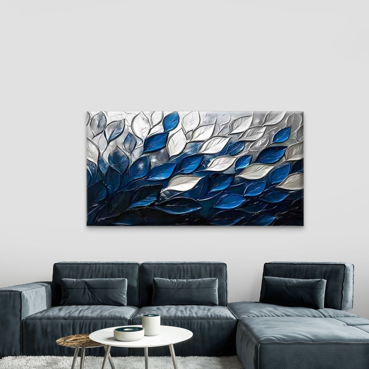 Blue and White Gradient Leaves Wall Art Canvas Office Home Room Framed 120x60cm