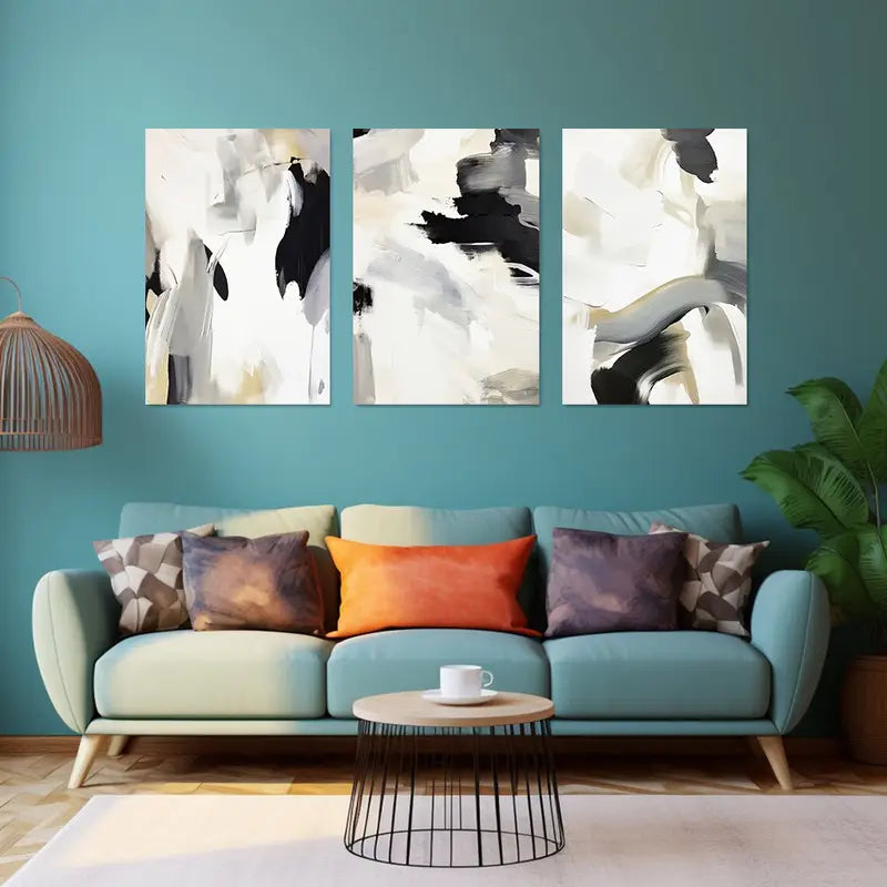3pcs Bold Brushstrokes in Monochrome Tones Abstract Metal Print Ready to Hang Art