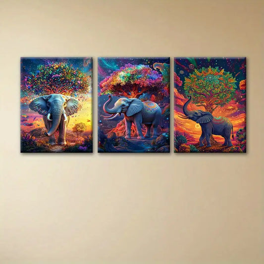 3pcs Vivid Magical Elephant Multicolor Design Metal Print Ready to Hang Art
