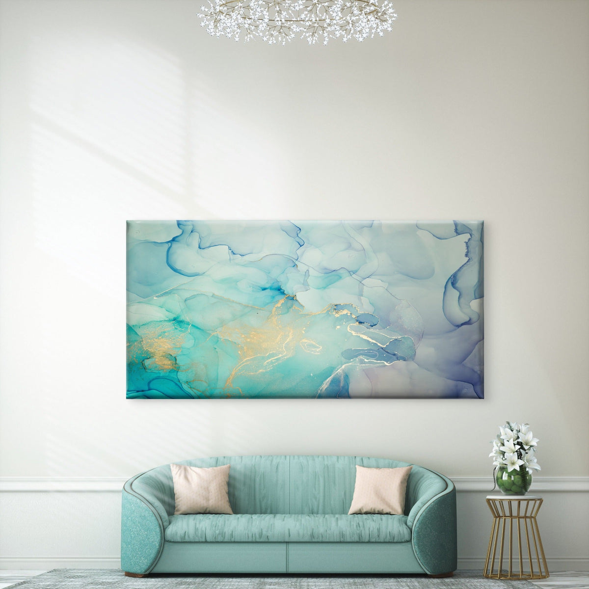Turquoise Gold Alcohol Ink Wall Art Canvas Office Home Room Framed 120x60cm