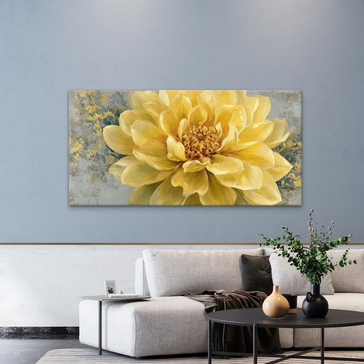 Elegant Yellow Dahlias Flower Wall Art Canvas Office Home Room Framed 80x45cm