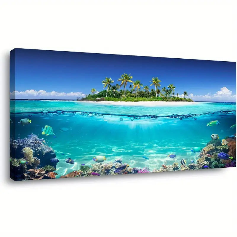 Vibrant Tropical Oceanic Split Waterline Scenery Palm Trees & Coral Reefs Wall Art canvas office home room framed 120x60cm