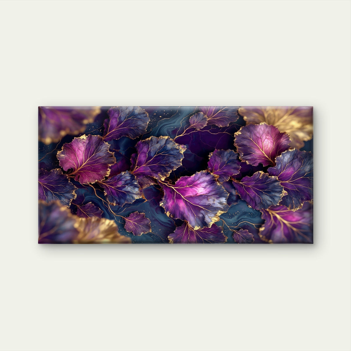 Purple Gold Foil Luxury Leaf Foliage Wall Art Canvas Office Home Framed 80x45cm