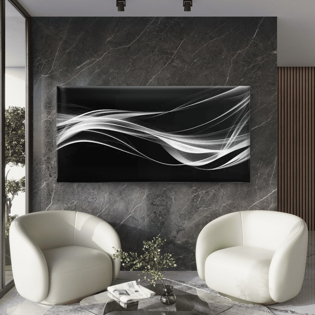 Abstract White Waves Wall Art Canvas Office Home Room Framed 80x45cm