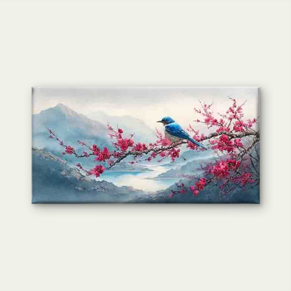 Blue Bird on Cherry Blossom Wall Art Canvas Office Home Room Framed 120x60cm