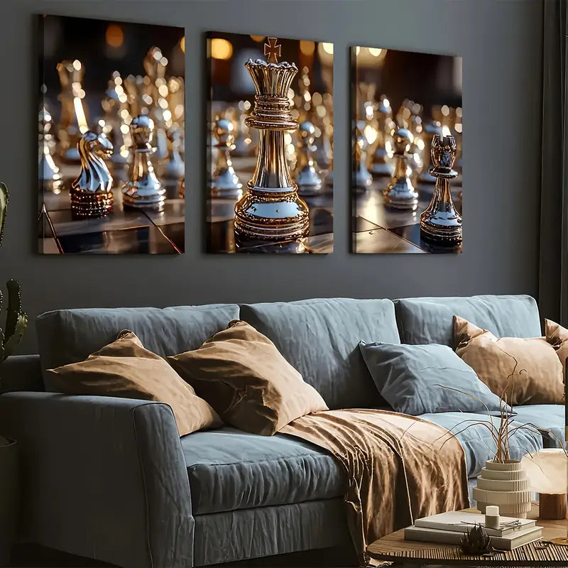 3pcs Golden Light Luxury Chess King  Close-Up Art Wall Art Set Canvas Framed 40x60cm - High Quality Print 100% Australian Made Wall Canvas Ready to Hang