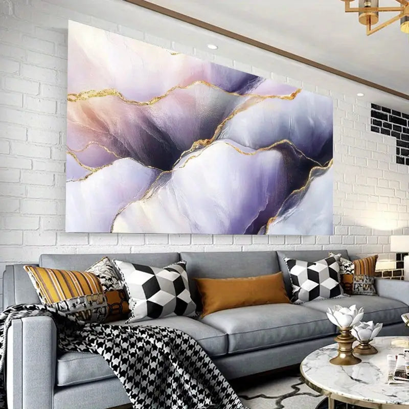 Purple, White & Golden Swirling Design Wall Art wall canvas office home room framed 120x60cm