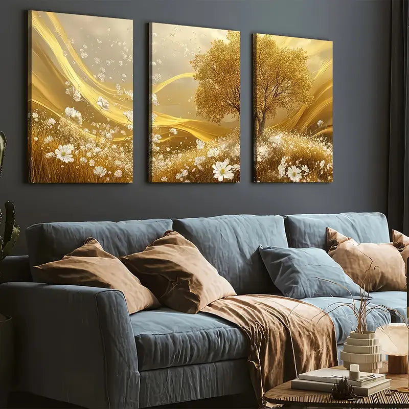 3pcs Golden Grassland Light Luxury Art Calm Wall Art Set Canvas Framed 40x60cm - High Quality Print 100% Australian Made Wall Canvas Ready to Hang