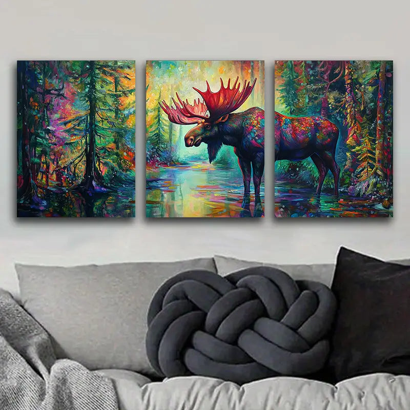 3pcs Vibrant Moose in the Forest Metal Print Ready to Hang Art
