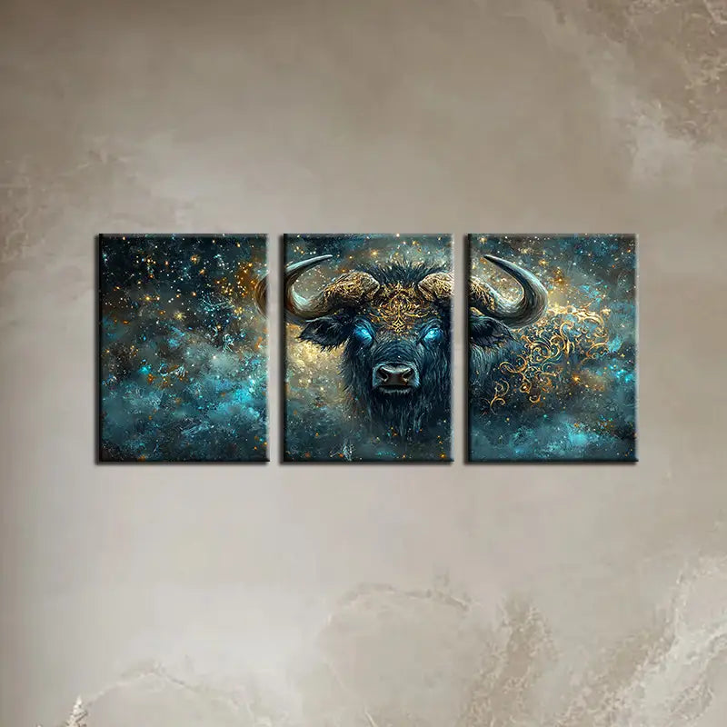 3pcs Dark Blue Abstract Cow Golden Design Metal Print Ready to Hang Art