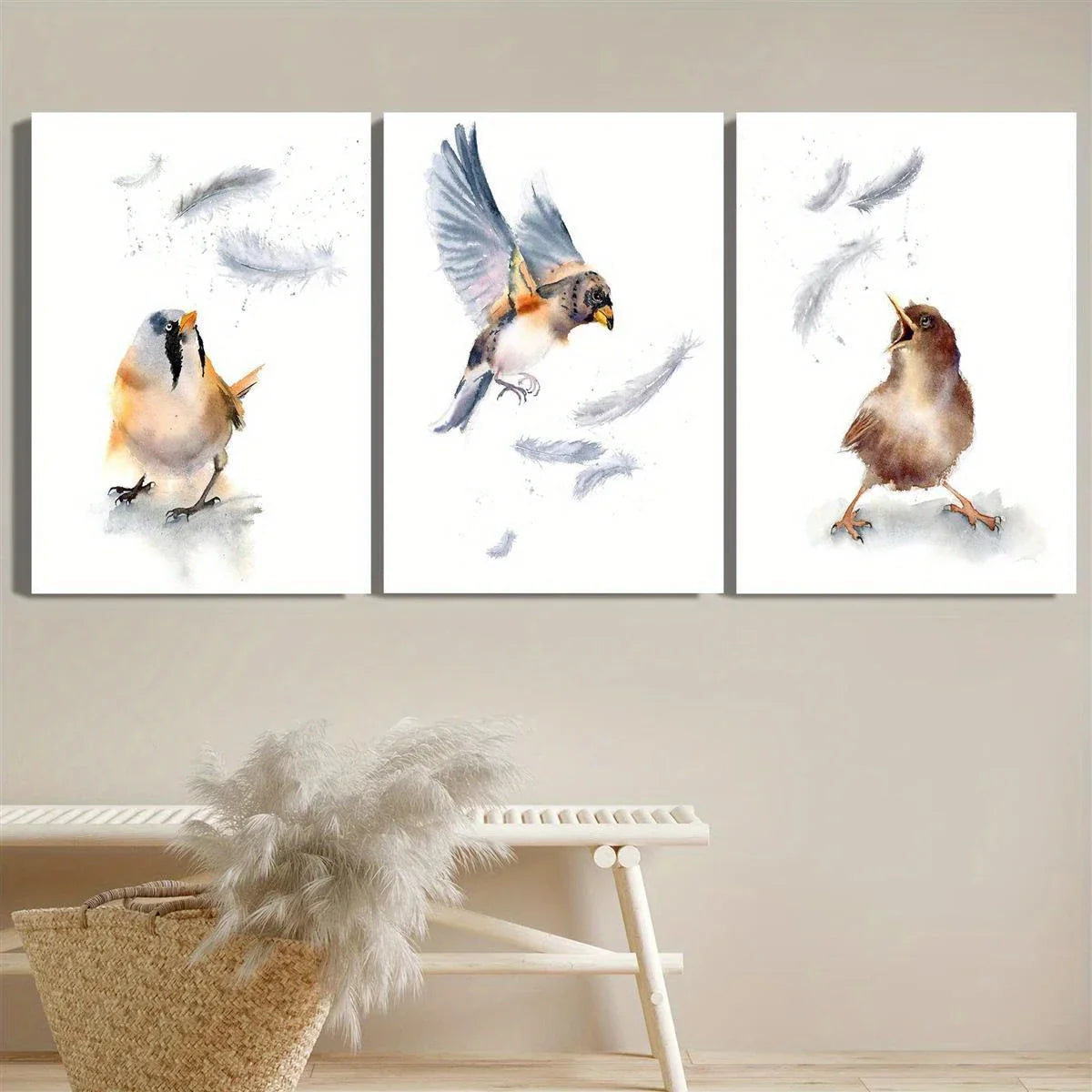3pcs Featuring Feathered Whimsical Bird Watercolor Metal Print Ready to Hang Art