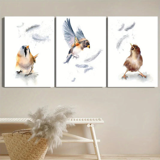 3pcs Featuring Feathered Whimsical Bird Watercolor Metal Print Ready to Hang Art