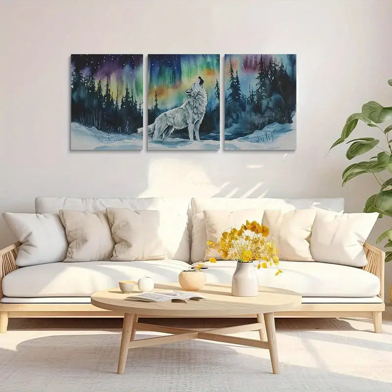 3pcs White Wolf Howling in Snow with Northern Lights Metal Print Ready to Hang Art