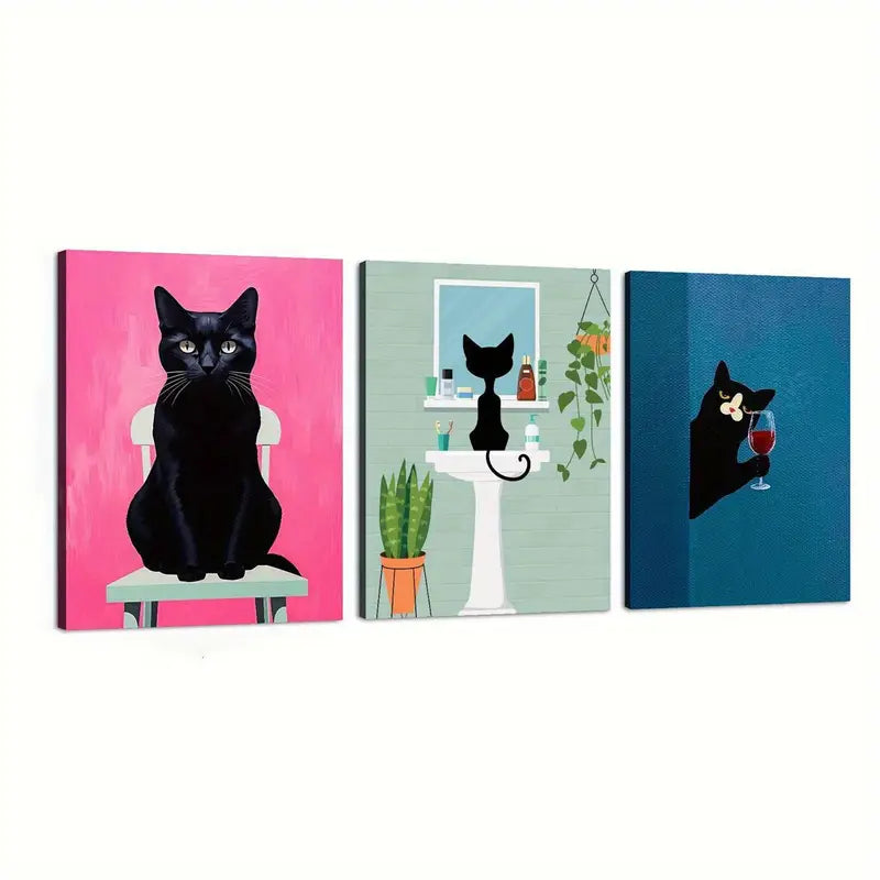 3pcs Black Cat on White Chair, Curious Cat with Wine Glass Metal Print Ready to Hang Art