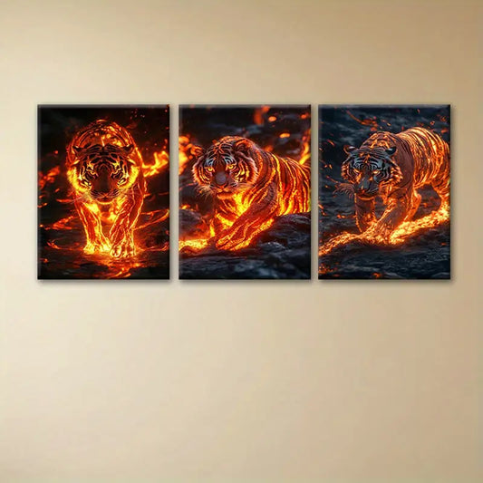 3pcs Vibrant Tiger in Magical Forest with Glowing Embers Metal Print Ready to Hang Art