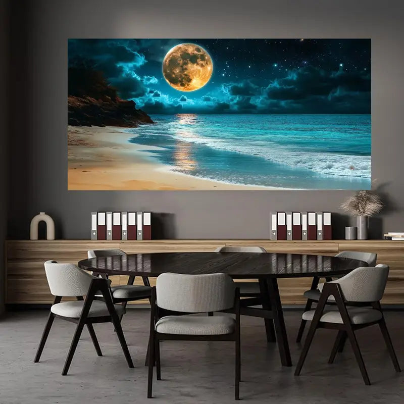 Tropical Night Scene with Sandy Shoreline, Lush Greenery & Starry Sky Wall Art wall canvas office home room framed 120x60cm