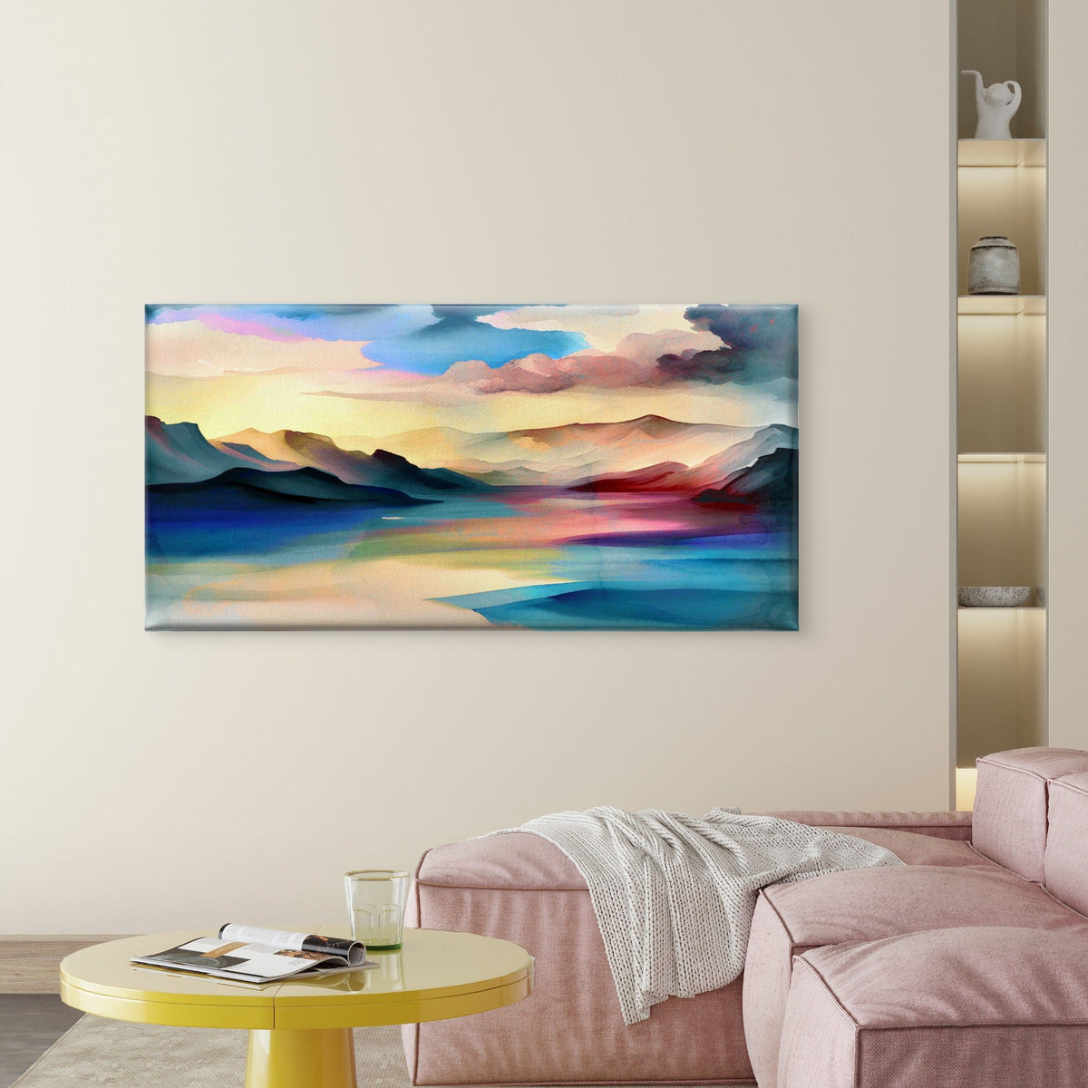 Watercolor Mountains And Lake Wall Art Canvas Office Home Room Framed 120x60cm