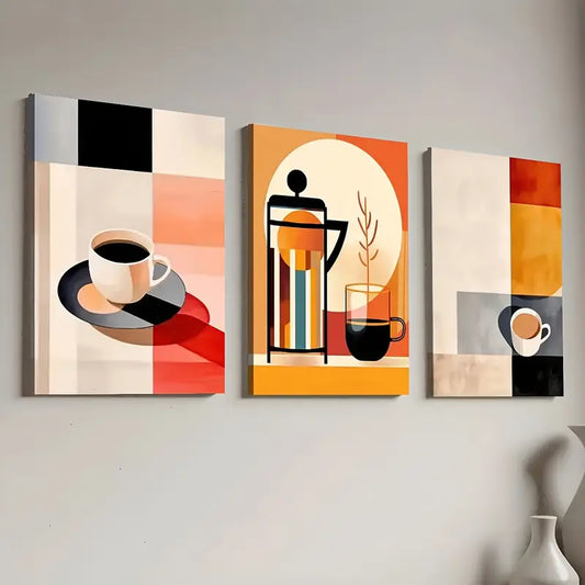 3pcs Modern Fashion Abstract Geometry Coffee Art Wall Art Set Canvas Framed 40x60cm - High Quality Print 100% Australian Made Wall Canvas Ready to Hang