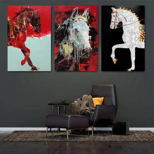 3pcs Abstract Horse Art with Red and White Themes Metal Print Ready to Hang Art