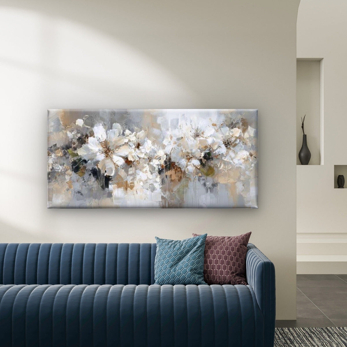 Soft Neutral Floral Wall Art Canvas Office Home Room Framed 80x45cm