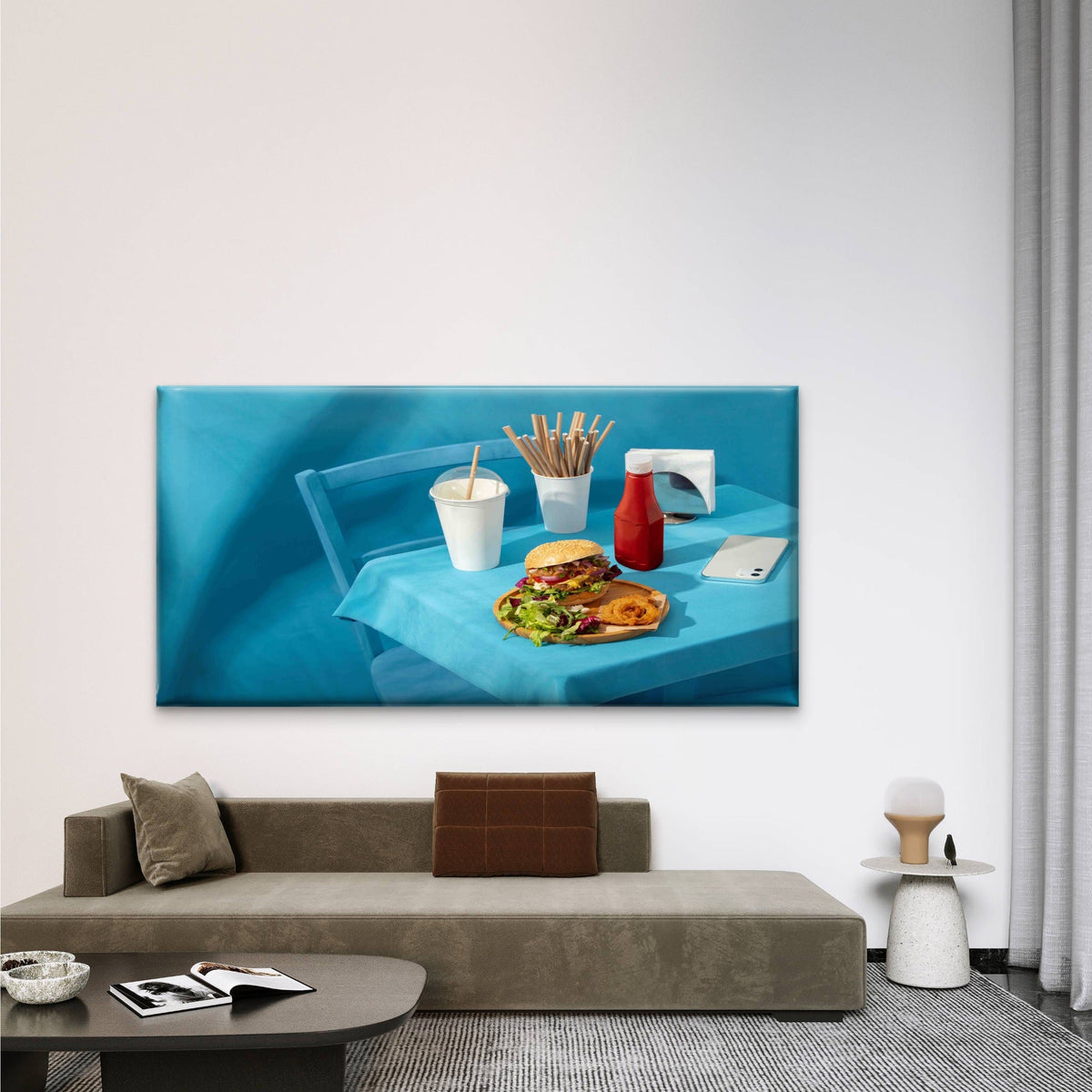 Fast Food Meal On Blue Table Wall Art Canvas Office Home Room Framed 120x60cm