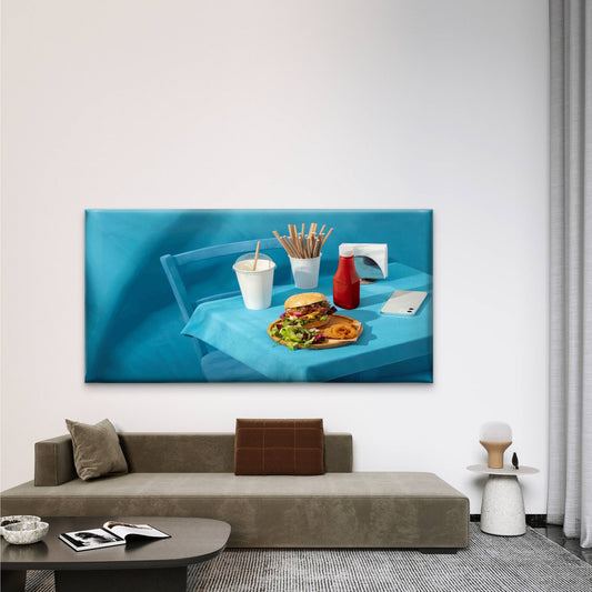 Fast Food Meal On Blue Table Wall Art Canvas Office Home Room Framed 80x45cm