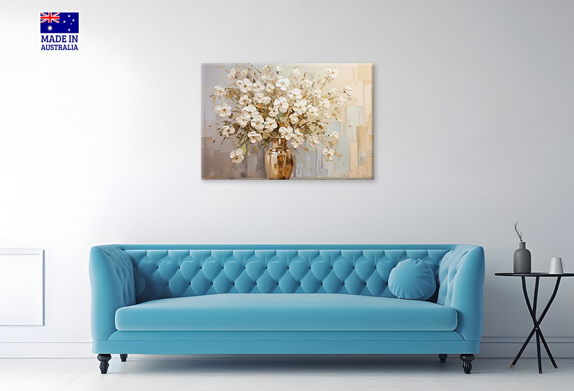 Painting of a Vase with Golden Flowers Print 100% Australian Made 60x40cm Stretched Canvas Ready to Hang