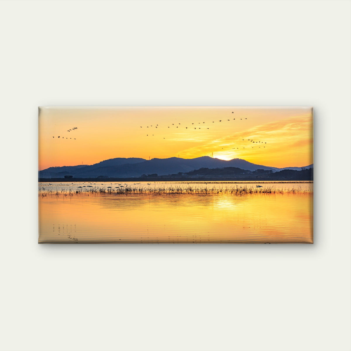 Sunset Lake Birds Flying Horizon Wall Art Canvas Office Home Room Framed 80x45cm