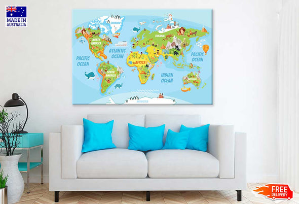 Global Map With Cartoon Animals Print 100% Australian Made Stretched Canvas Ready to Hang - MP-107