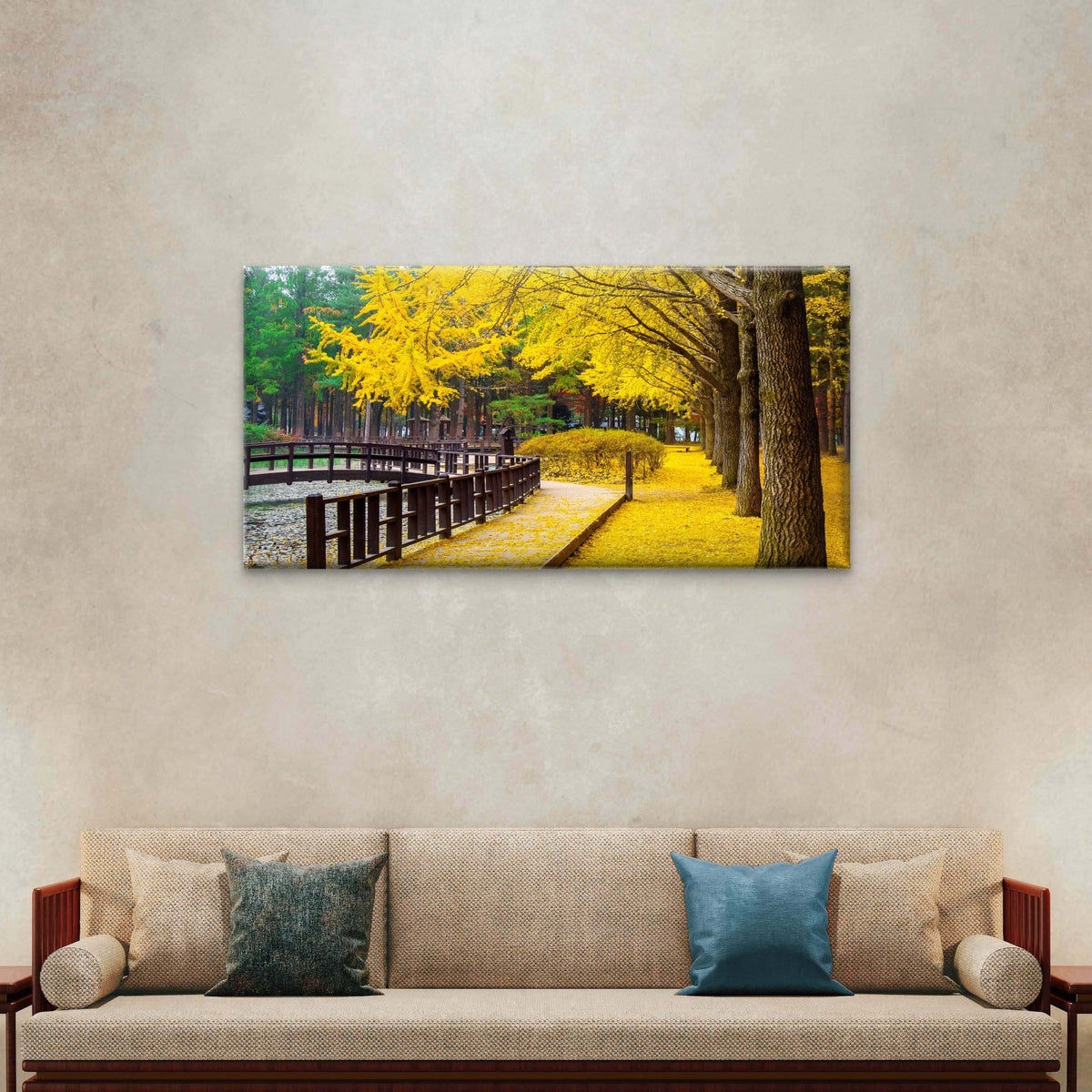 Autumn With Ginkgo Tree Nami Island Korea Wall Art Canvas Office Home Room Framed 80x45cm
