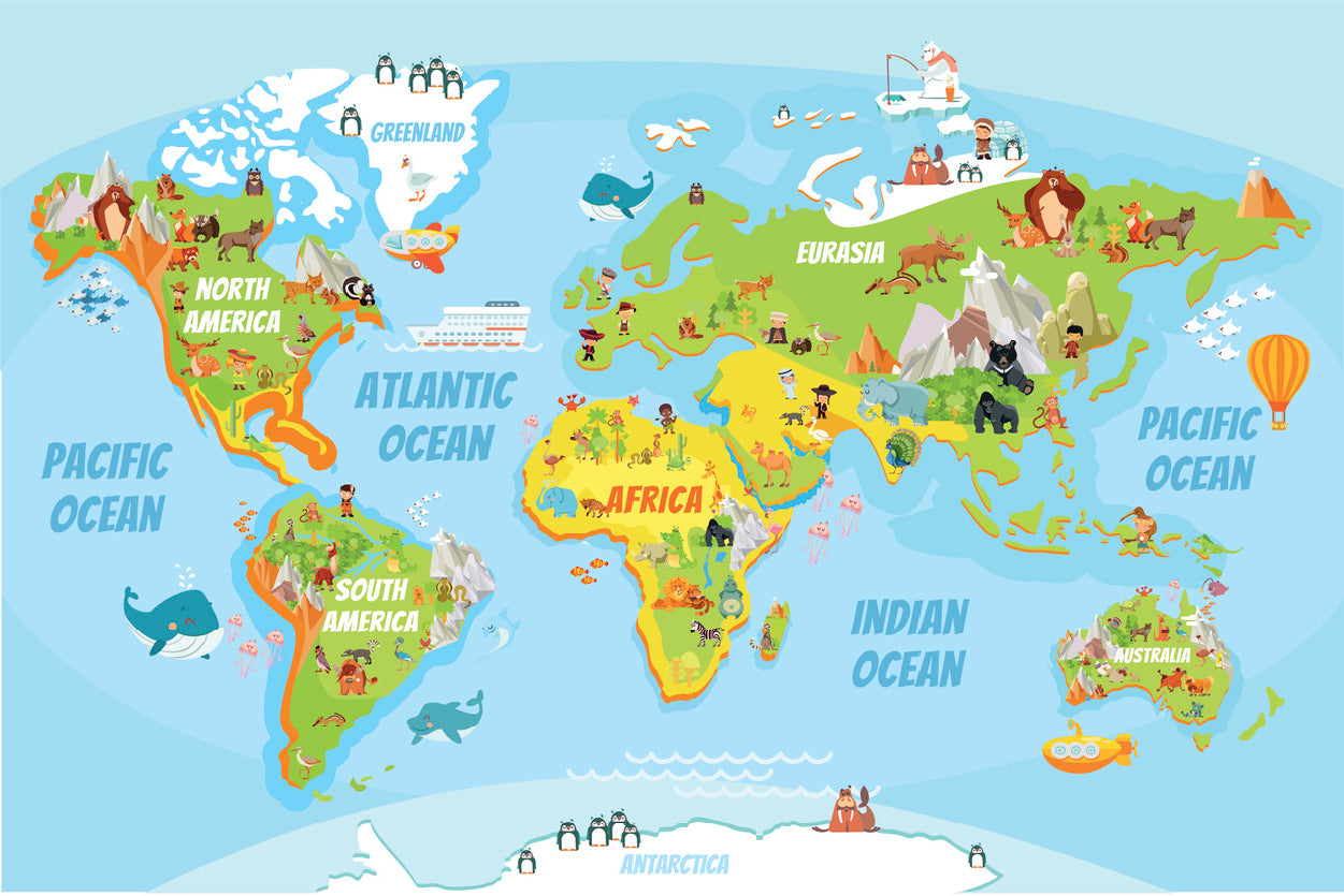 Global Map With Cartoon Animals Print 100% Australian Made Stretched Canvas Ready to Hang - MP-107