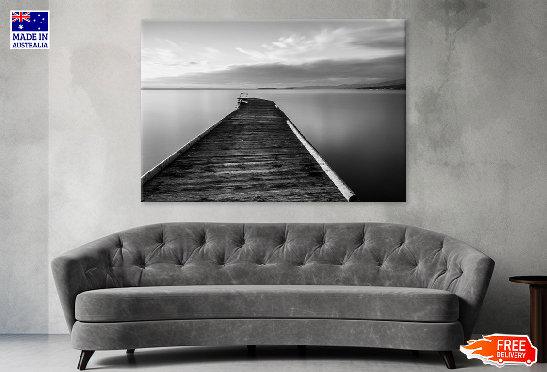 Pier on a Lake With Still Water Print 100% Australian Made Stretched Canvas Ready to Hang - BW-107