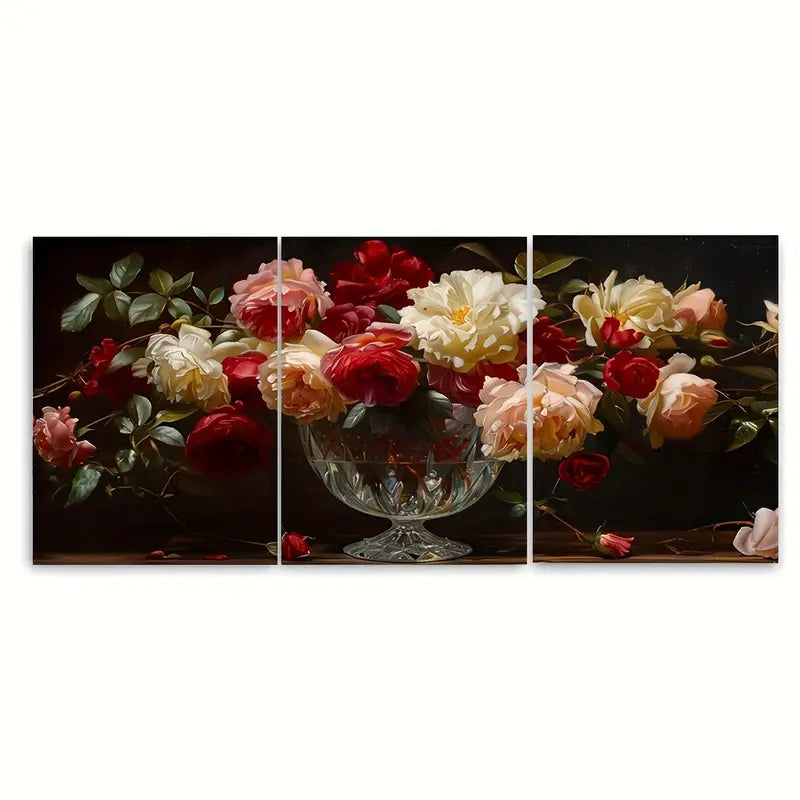 3pcs Vintage White Red Roses Floral Metal Print Ready to Hang Art