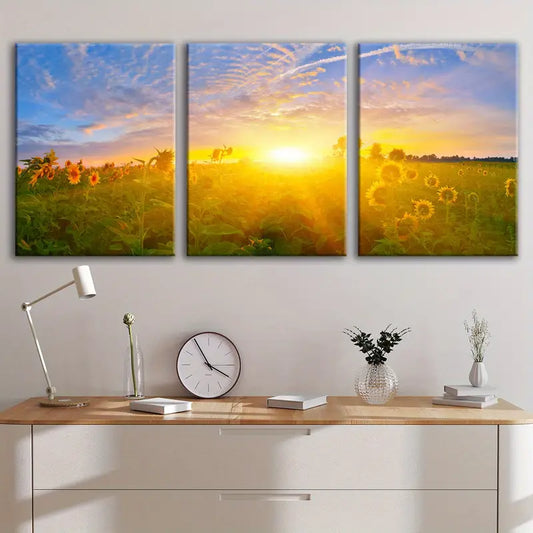 3pcs Sunflower Field Vibrant Golden Sunset Metal Print Ready to Hang Art
