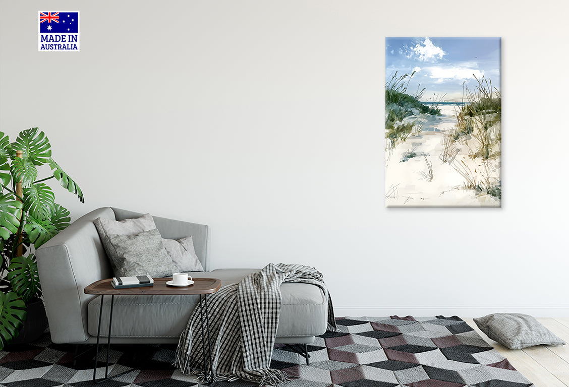 Neutral Sandy Beach Path with Grass Print 100% Australian Made 40x60cm Stretched Canvas Ready to Hang